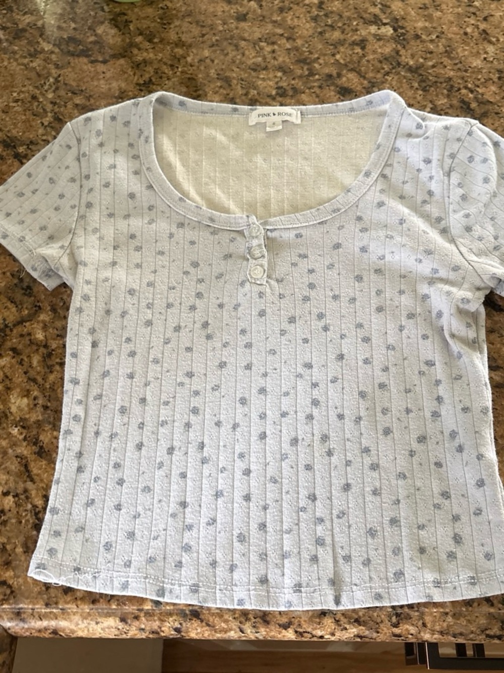 Pink Rose Pale Blue Short Sleeve Scoop Neck Tee with Button Placket
